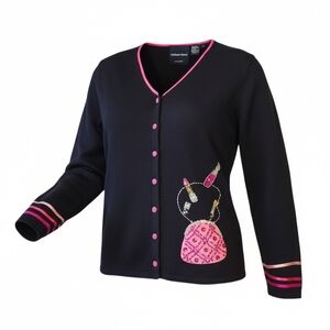 Michael Simon Cardigan Sweater Medium Black Beaded Sequin Crochet Button Up Y2k